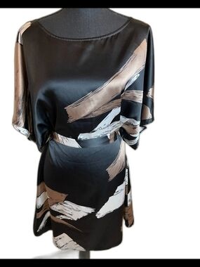 NWOT BGMaxAzria Black Satin Kimono Style Dolman Sleeve Dress Sz S